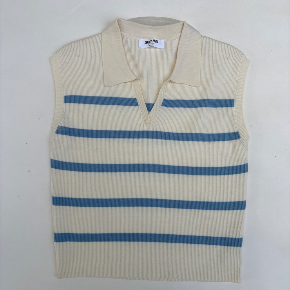 Double Zero Womens Large Striped Ribbed Knit Polo Sweater Vest Cream Blue